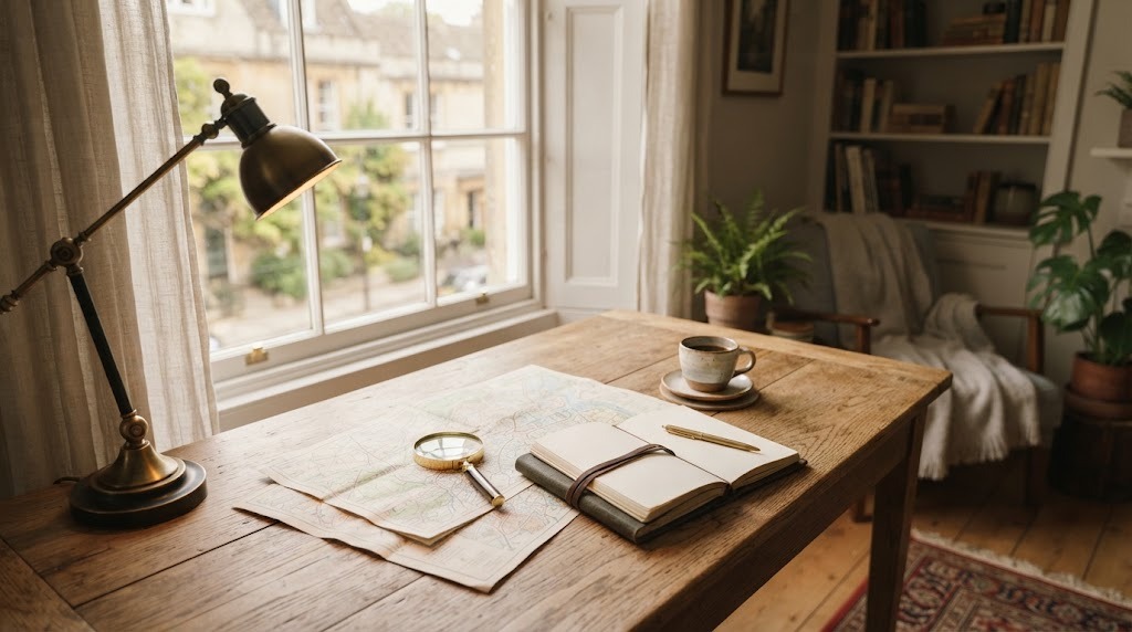 Travel planning desk with maps, notebook and brass lamp